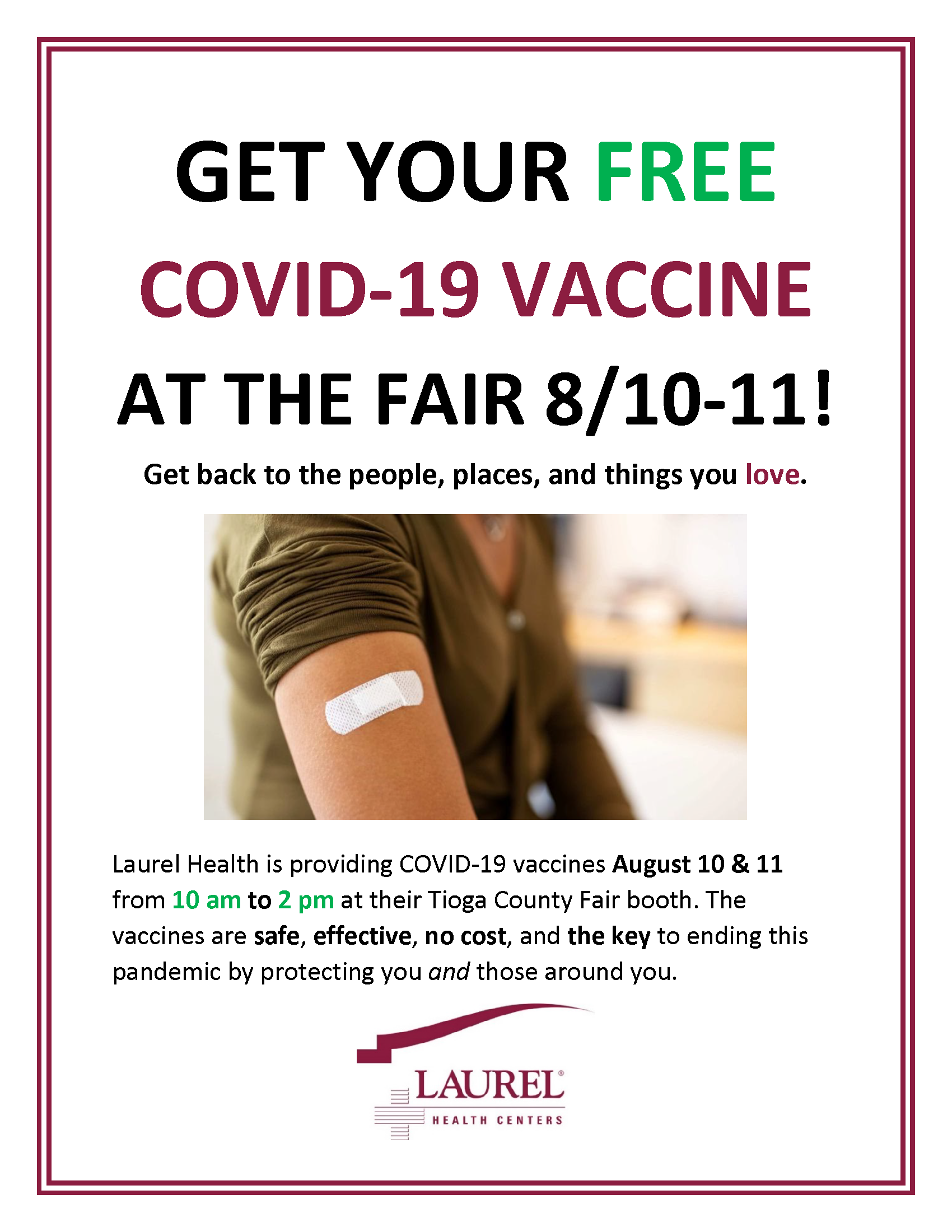 Get your free COVID-19 vaccine from Laurel Health at Tioga County Fair on Aug 10th or 11th