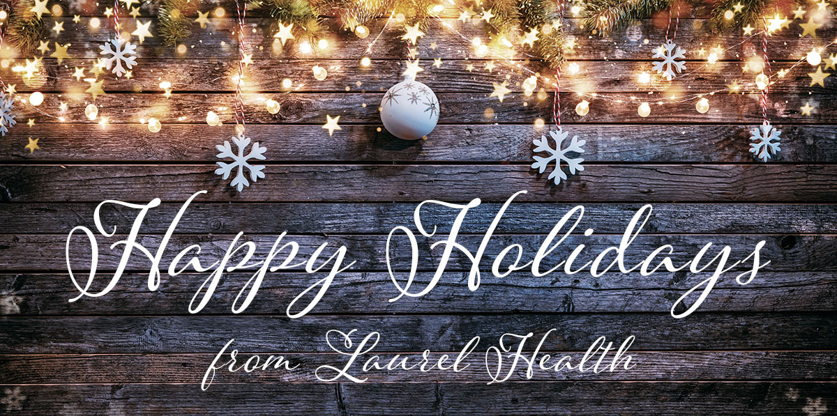 Happy Holidays from Laurel Health - Snowflake and Pine Bough Banner