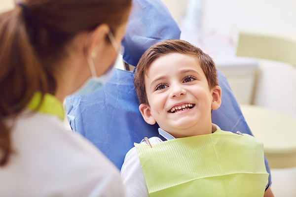 Dental hygienist and a young smiling boy getting a dental checkup 