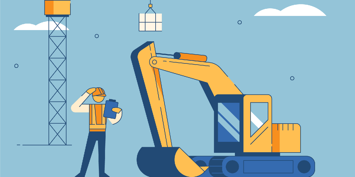 Cartoon of Construction Worker in Front of Crane and Bulldozer - On October 3, 2022 construction will begin on our Laurel Dental - Lawrenceville office; dental services will temporarily relocate to Laurel Dental - Blossburg until the renovation is complete 