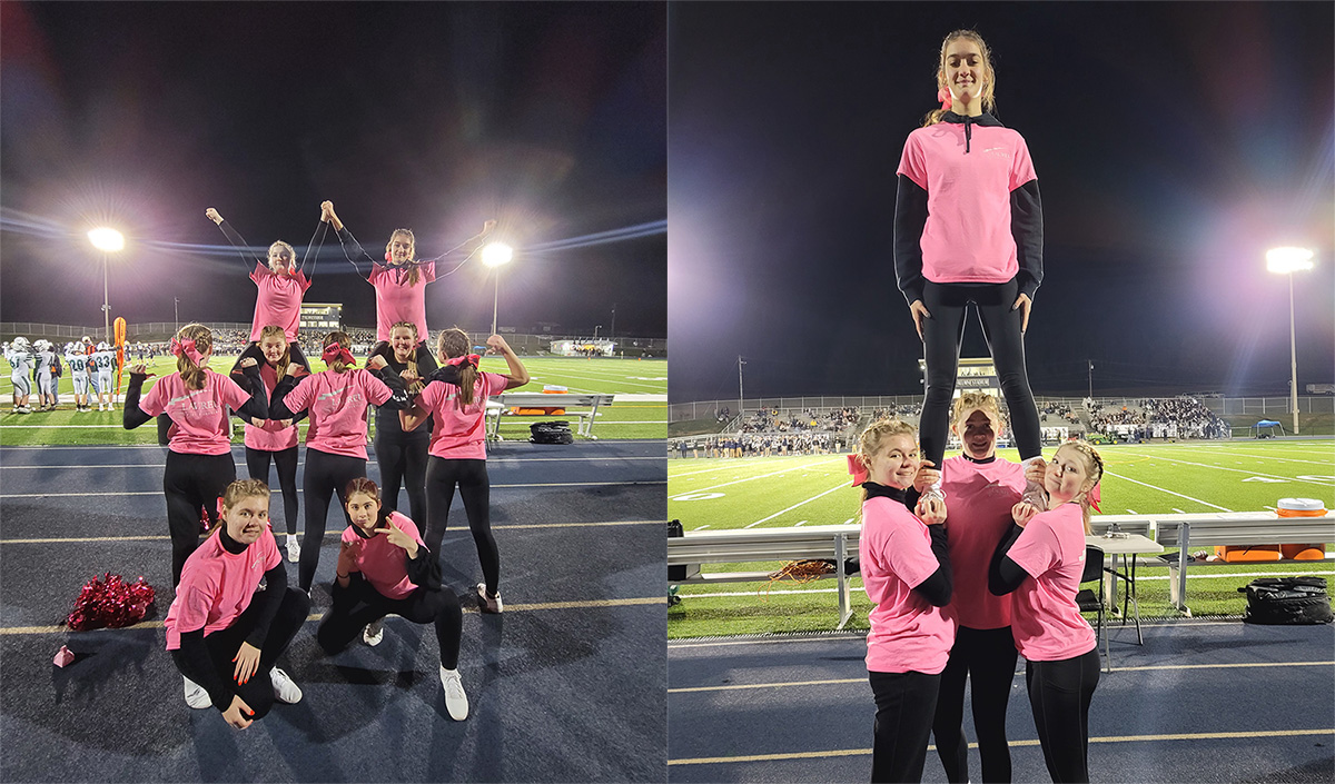 Members of Wellsboro Area High School's Varsity Cheer Squad in cheer formations wearing Laurel Health-sponsored pink shirts to raise awareness for breast cancer during Wellsboro High School's Pink Out games