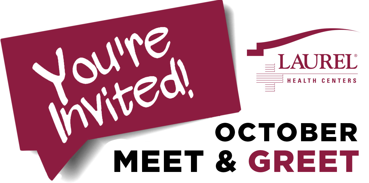 Event Graphic in Burgundy and Black Text Saying You're Invited to Laurel Health's public meet and greet with local dietitian Gena Rasmussen on Tuesday, October 25 at 5:30 pm at the Wellsboro Laurel Health Center, located at 7 Water St. in Wellsboro, PA.