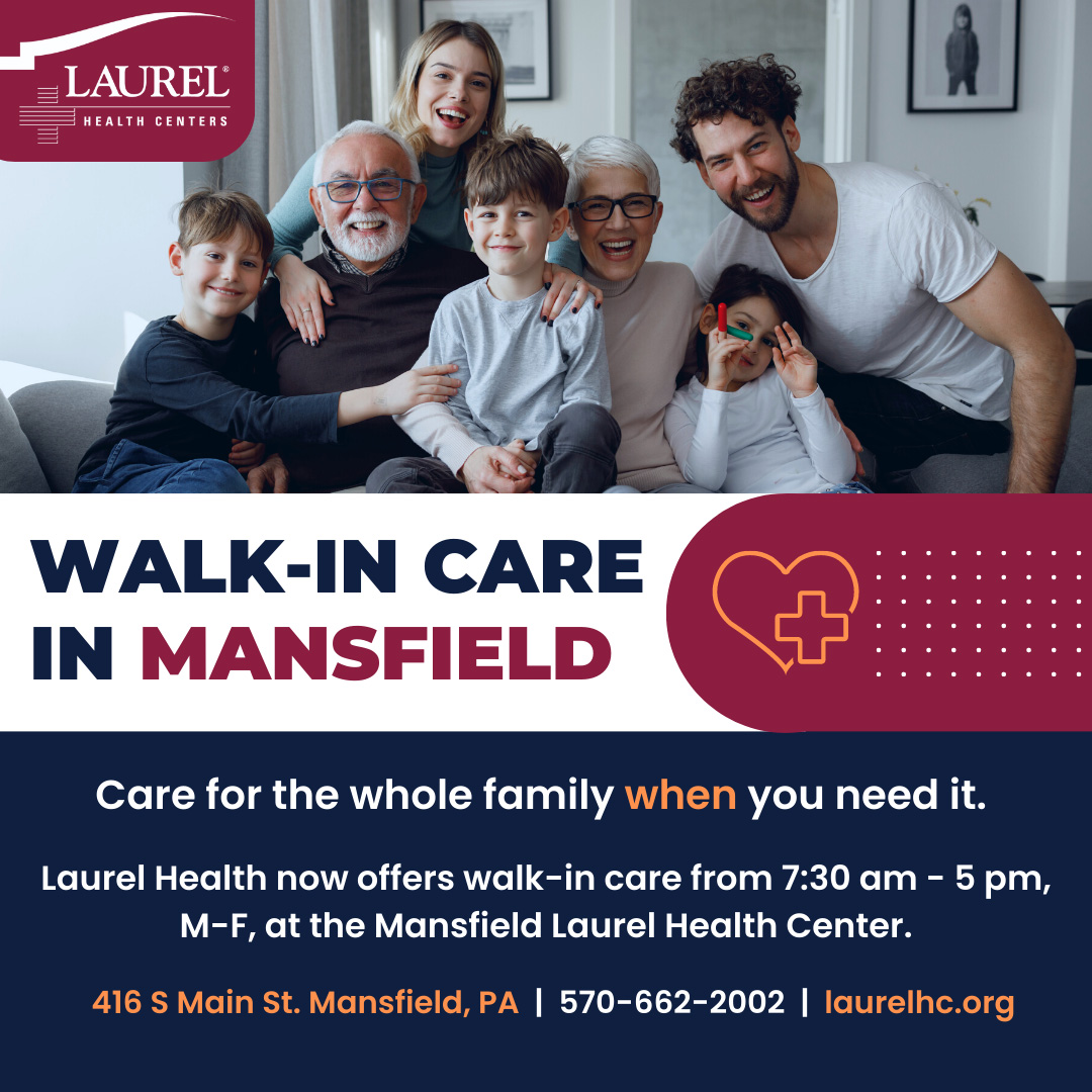 Announcement Featuring Smiling Multi-Generational Family - Laurel Health Now Offers Walk-in Care in Mansfield, PA, Monday - Friday
