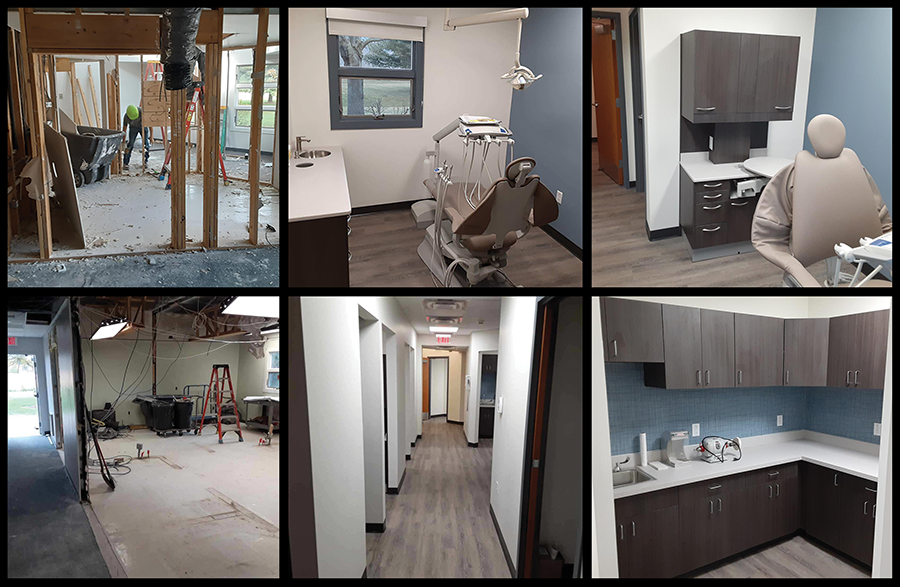 Photo Collage of Construction Work on Laurel Dental - Lawrenceville featuring newly renovated dark blue and light gray dental exam rooms with state-of-the-art dental equipment