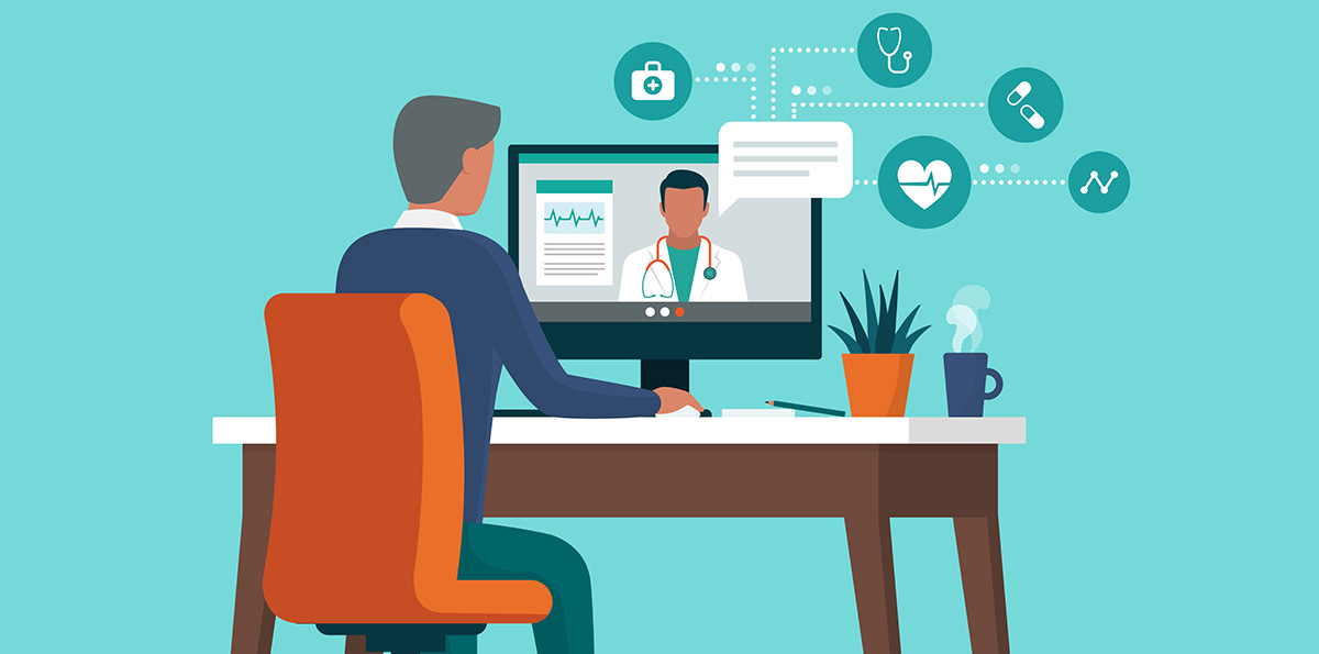 Animated man conducting a health televisit with his doctor on his computer; Book a telemedicine appointment with the Laurel Health Centers