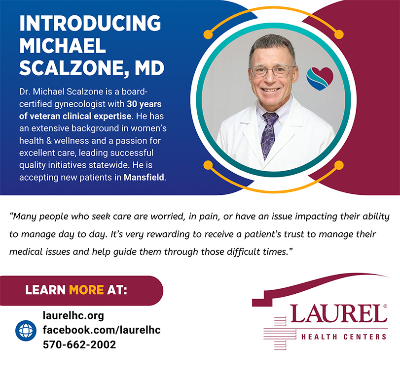 Infographic introducing board-certified gynecologist Dr. Michael Scalzone to the Mansfield Laurel Health Center, located at 416 S Main St. in Mansfield PA