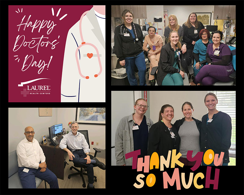 Laurel Health 2024 Doctors' Day Celebration Collage featuring Laurel Health providers smiling and enjoying lunch together