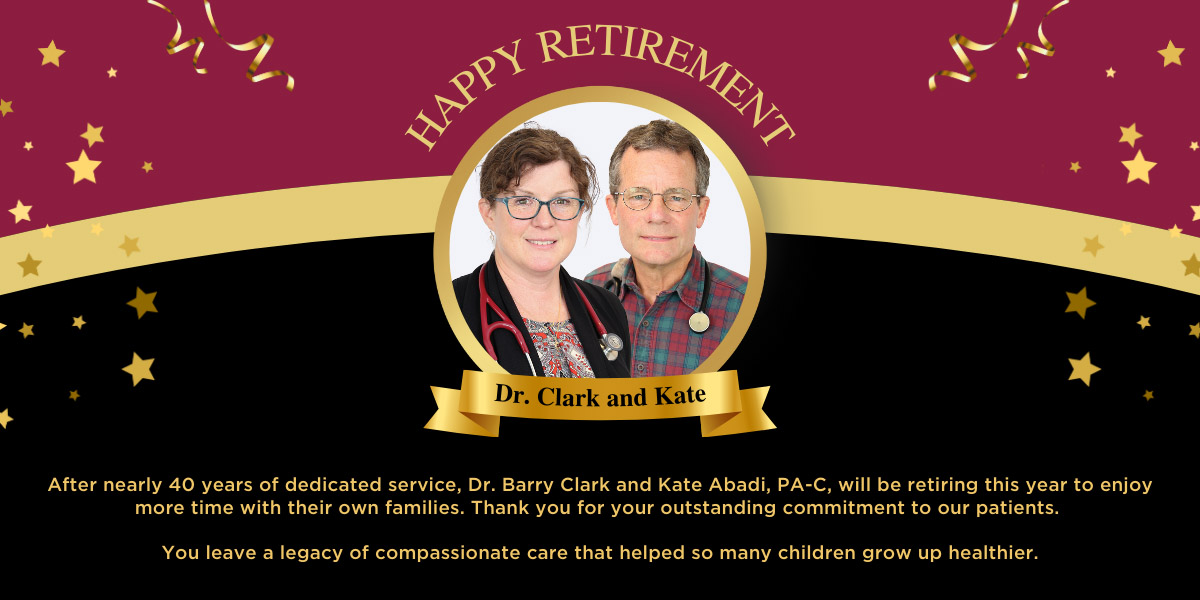 Congratulations graphic featuring Dr. Barry Clark and Kate Abadi from Laurel Pediatrics announcing their planned retirement