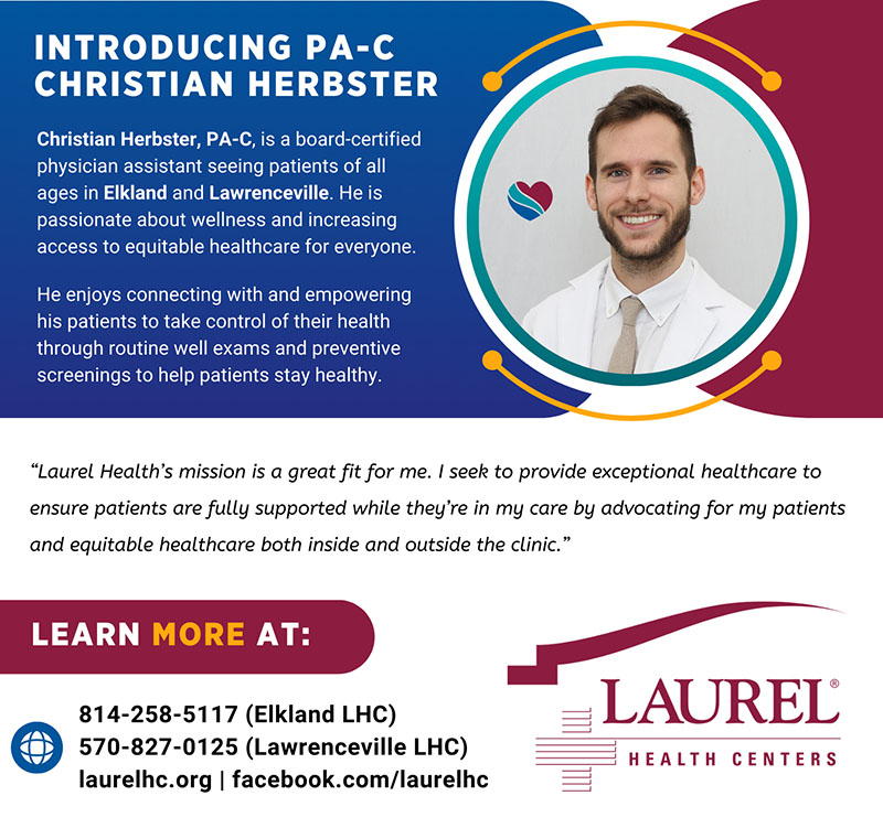 Christian Herbster infographic explaining that Christian is a family medicine practitioner accepting new patients of all ages in Elkland and Lawrenceville, PA. Christian takes a wellness-driven approach to care focused on empowering patients through preventive screenings and routine checkups. 