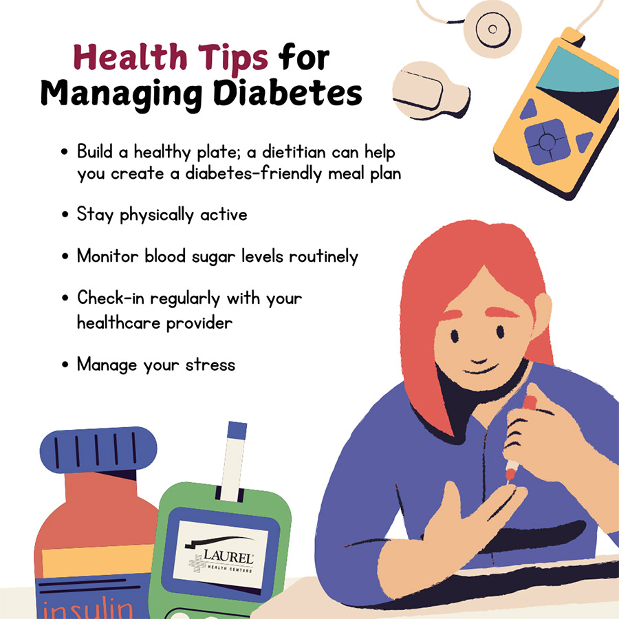 Diabetes Infographic with a woman checking her blood sugar that lists tips for how to proactively manage the condition, including eating diabetes-friendly meals, staying active, managing stress, routine blood sugar monitoring, and checking in regularly with your healthcare provider