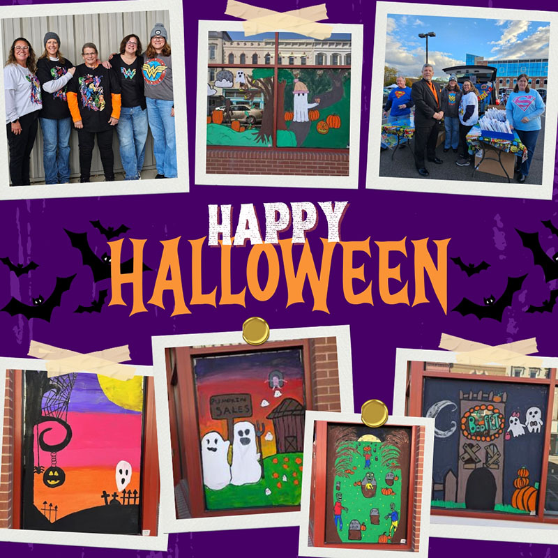 Halloween Collage of Laurel Health staff giving out goodies at local trunk-or-treat events and vibrant painted Halloween scenes on the glass windows of the Towanda Laurel Heatlh Center