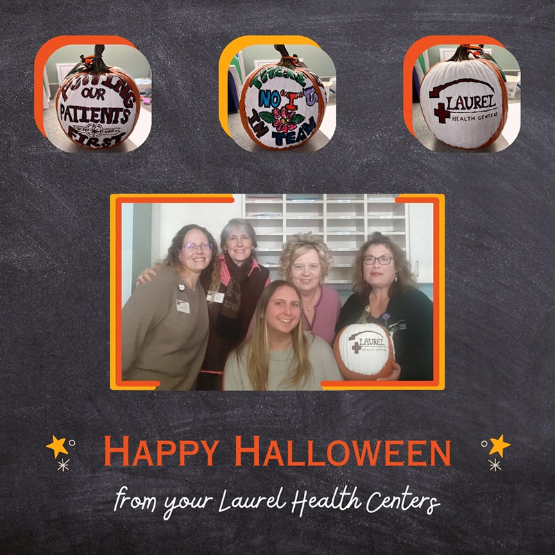 Collage that showcases the Wellsboro Laurel Health Center team and their decorated patient-first pumpkin; the text says 