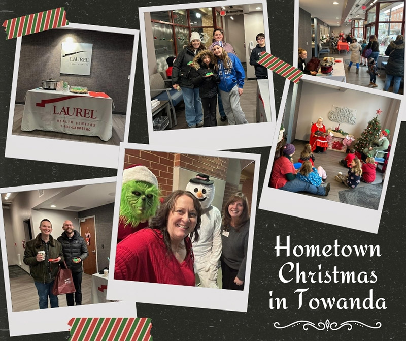 Collage of Polaroid photos featuring Laurel Health staff and community members celebrating Hometown Christmas at the Towanda Laurel Health Center at 410 Main Street in Towanda, PA. Mrs. Claus is sitting in a rocking chair reading to children next to a decorative fireplace and Christmas tree. Families are enjoying hot cocoa and holiday cookies.