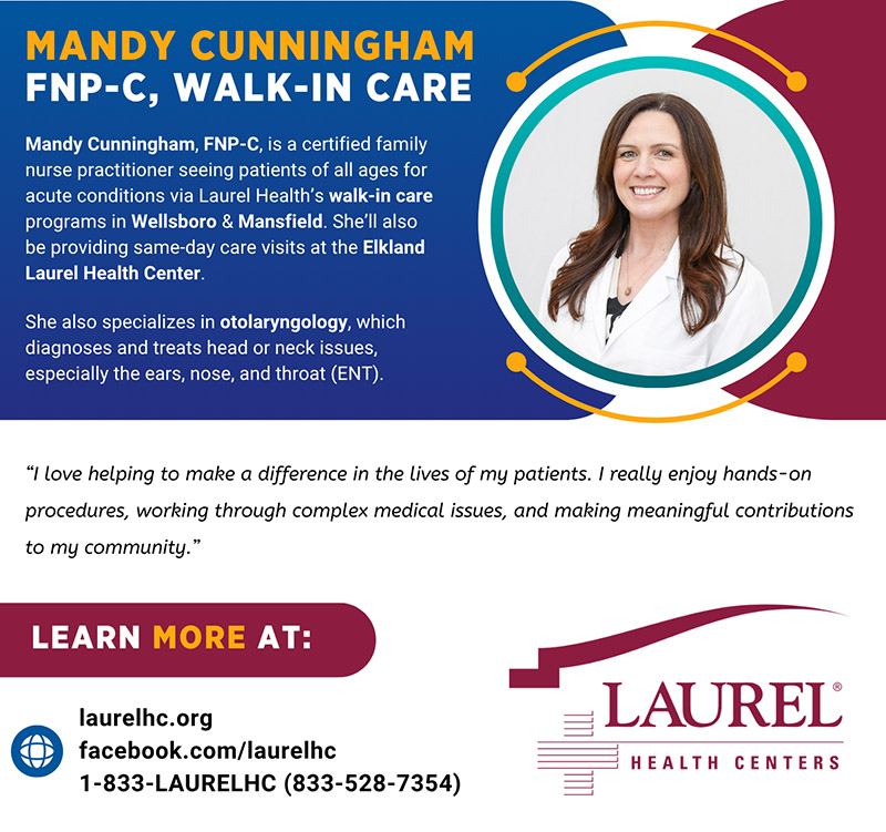 Infographic introducing family medicine provider Mandy Cunningham, FNP-C, featuring her photo and a quote about her approach to care that says: “I love helping to make a difference in the lives of my patients. I really enjoy hands-on procedures, working through complex medical issues, and making meaningful contributions to my community.” Mandy sees patients of all ages in Elkland, Mansfield, and Wellsboro, PA; to make an appointment, call 1-833-528-7354.