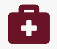 Mission: an icon graphic of a burgundy first aid kid with a white cross plus sign on the front.