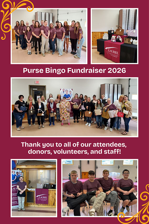 Photo collage of Laurel Health staff, volunteers, and purse bingo fundraiser attendees that says, 